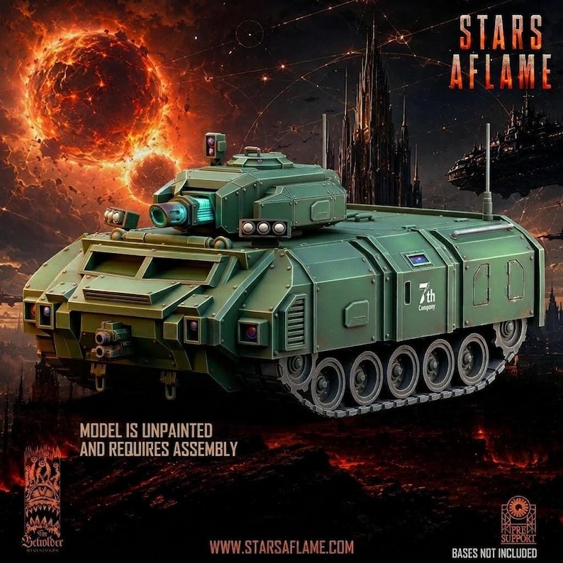 Green tracked armored vehicle miniature with a turret, cannon, side-mounted equipment, and multiple road wheels; a white “7th Company” marking is visible on the side, against a fiery science-fiction background.