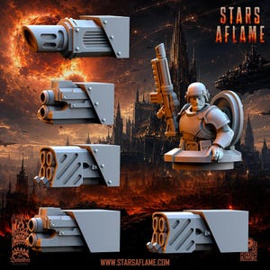 Gray resin miniature components including various weapon barrels and a soldier torso with helmet and rifle, displayed against a starry background.