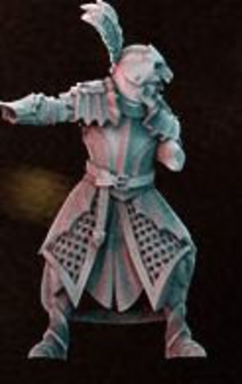 May include: A miniature figurine of a warrior wearing a helmet and chainmail armor. The figure is painted in shades of gray and blue, with a feathered helmet and a sword.