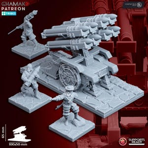 May include: A gray plastic model of a rocket launcher with multiple rockets, on a gray plastic base. There are three gray plastic figures of soldiers standing on separate bases. The bases are all textured to look like stone.