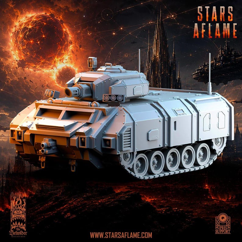A gray resin miniature of an armored troop transport vehicle with treads and a turret gun, shown against a digital space background.