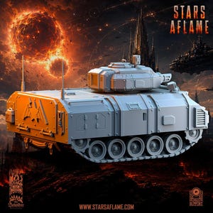 A gray resin armored transport miniature viewed from the rear left perspective against an orange cosmic background.