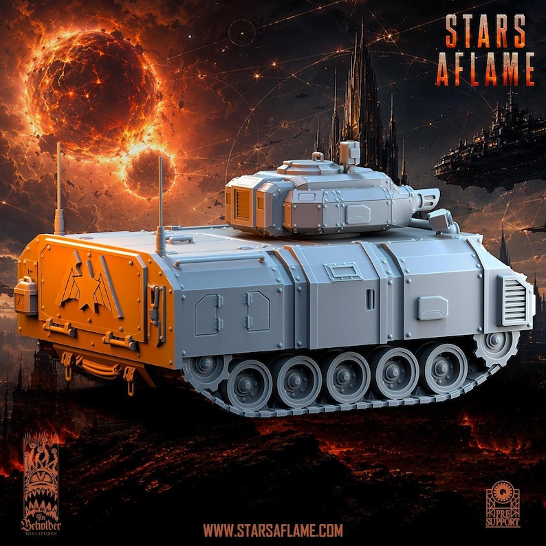 A gray resin armored transport miniature viewed from the rear left perspective against an orange cosmic background.