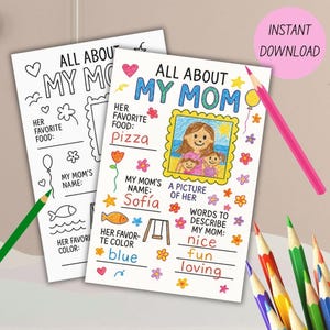 Mother’s Day Printable Coloring Page | All About My Mom | Fill in the Blank Page for Kids | Instant Download Gift for Mom