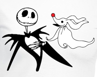 May include: A white t-shirt with a black and white illustration of Jack Skellington from The Nightmare Before Christmas and Zero the ghost dog.