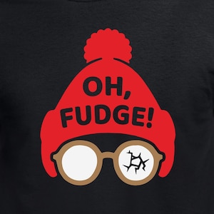 May include: Black t-shirt with a red and white illustration of a person wearing a red knit hat with a pom-pom and glasses. The text "OH, FUDGE!" is on the hat.