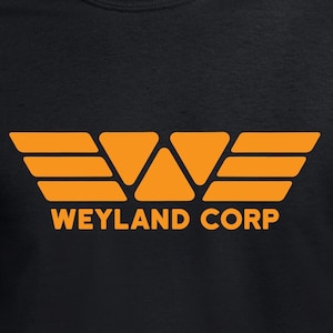 May include: Black t-shirt featuring an orange Weyland Corp logo. The logo depicts a stylised 'W' with wings.