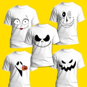以下が含まれることがあります： ハロウィンキャラクターの顔がプリントされた白いTシャツが5枚。キャラクターは、幽霊、カボチャ、縫いぐるみのドール、スケルトン、怖い顔などです。