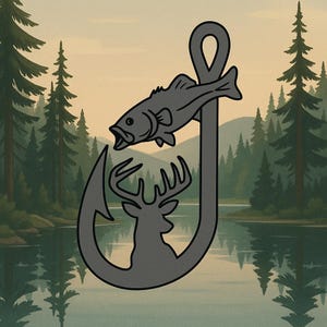 May include: A gray graphic of a fishing hook with a fish and deer silhouette. The hook is in the center, with the fish above the deer. The background shows a lake and trees.