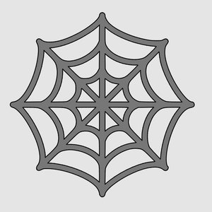May include: A gray spider web with a circular center and eight points. The web is outlined in a darker gray.