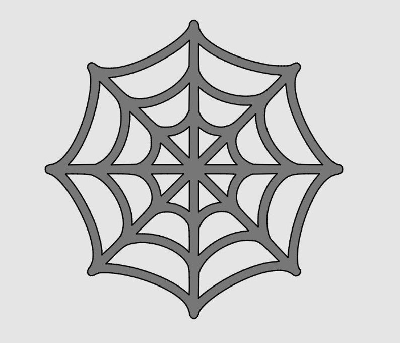 May include: A gray spider web with a circular center and eight points. The web is outlined in a darker gray.