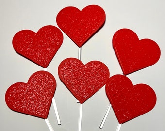 Heart Cupcake Toppers, Valentines Day Cupcake Toppers, Red Glitter Hearts, Valentines Day Decorations, Set of 6