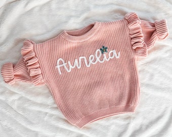 Custom Embroidered Baby Ruffle Sweater - Embroidered Toddler Sweater - Chunky Knit Sweater for Baby - Personalized Name Sweater