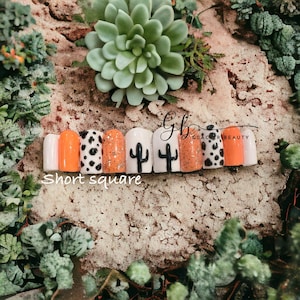 Press on western cactus cow peach nails