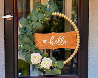 Welcome/Hello Sign for Front Door with Double Sided Sign, Boho Wood Beads and Eucalyptus Wreath, All Seasons Wreath, Farmhouse, 20 inches