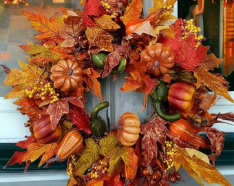 Fall Pumpkin Wreath, Orange Wreath for Fall, Fall Door Decor, Fall Home Decor, Fall Porch Decor, Fall Front Door Decoration, Farmhouse, 20"