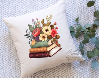 Throw Pillow with Books & Flowers, Pillow for Book Lovers, Pillow for Librarian