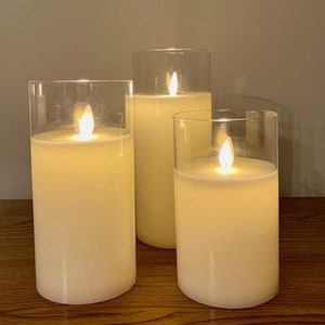 Moving Flameless LED Candles in Glass, Set of 3 Cream Pillar Candles with Remote, Wedding Decor, Flameless Candles for Wedding