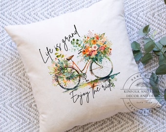 Life Is Good Pillow| 18x 18 Square Throw Pillow| Pillow with Bike|