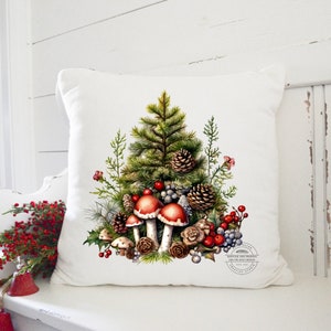 Pine Tree With Mushrooms and Berries Pillow| Holiday Pillow| 18 x 18 Square Pillow| Christmas Cottage Core Throw Pillow, Nature Inspired