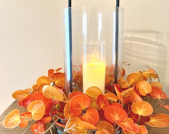 Setting Sun Candle Ring 12", Orange Eucalyptus Candle Wreath with 6.25 inner ring, Fall Farmhouse Table Decor