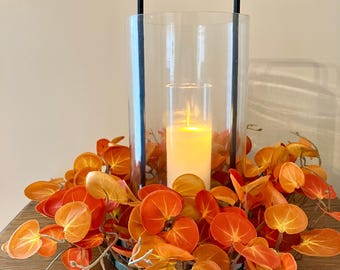 Setting Sun Candle Ring 12&quot;, Orange Eucalyptus Candle Wreath with 6.25 inner ring, Fall Farmhouse Table Decor