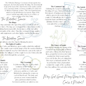 Könnte beinhalten: Ein Hochzeitsprogramm mit einem blauen und weißen Blumenmuster. Das Programm enthält Details zur Zeremonie, darunter die Ringe, die angezündeten Kerzen, das Händefassen, die Krönung, der gemeinsame Kelch, der Tanz des Jesaja, der Brief, das Evangelium und der Segen. Das Programm enthält auch die Namen des Paares, Carlos und Michal, und den Text "Möge Gott euch viele Jahre in der Ehe schenken."