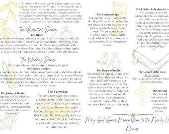 May include: A detailed diagram of an Orthodox Christian wedding ceremony. The text describes the Betrothal Service, Wedding Service, and other key elements like the Common Cup and the Crowning. Includes illustrations of rings, candles, and a couple.