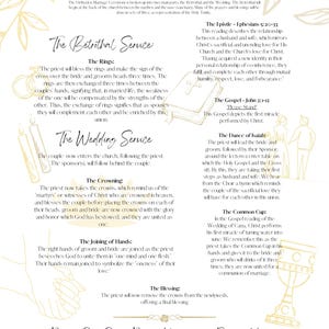 Può includere: Annuncio di cerimonia nuziale con dettagli floreali dorati. Il testo descrive la cerimonia di matrimonio ortodossa, compreso il Servizio di Fidanzamento, il Servizio di Matrimonio e altri elementi chiave. L'annuncio include testo sugli anelli, l'incoronazione e l'unione delle mani.