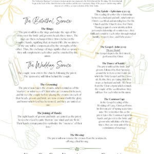 May include: An informational wedding ceremony guide with text and illustrations. The text describes the Orthodox Marriage Ceremony, including the Betrothal Service, Wedding Service, and other elements. The design includes floral accents.