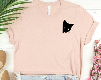Camicia Gatto Nera, Camicia Cat On The Pocket, Camicia Gatto Amatore, Regalo T Shirt Cat
