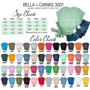 May include: Size chart and color chart for Bella + Canvas 3001 unisex jersey short sleeve t-shirts. The chart shows sizes XS to 3XL with corresponding width and length measurements in inches. The color chart displays a variety of colors, including aqua, army, ash, asphalt, athletic heather, autumn, berry, black, black heather, brown, burnt orange, dark grey heather, forest, gold, heather blue, heather deep teal, heather dust, heather forest, heather mauve, heather midnight navy, heather mint, heather orange, heather orchid, heather prism blue, heather prism lilac, heather prism mint, heather prism peach, heather raspberry, heather true royal, kelly, leaf, light blue, lilac, mauve, mustard, navy, ocean blue, olive, oxblood black, pink, red, silver, soft cream, steel blue, true royal, white, and yellow.