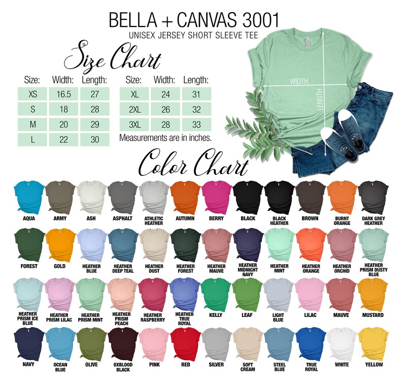 May include: Size chart and color chart for Bella + Canvas 3001 unisex jersey short sleeve t-shirts. The chart shows sizes XS to 3XL with corresponding width and length measurements in inches. The color chart displays a variety of colors, including aqua, army, ash, asphalt, athletic heather, autumn, berry, black, black heather, brown, burnt orange, dark grey heather, forest, gold, heather blue, heather deep teal, heather dust, heather forest, heather mauve, heather midnight navy, heather mint, heather orange, heather orchid, heather prism blue, heather prism lilac, heather prism mint, heather prism peach, heather raspberry, heather true royal, kelly, leaf, light blue, lilac, mauve, mustard, navy, ocean blue, olive, oxblood black, pink, red, silver, soft cream, steel blue, true royal, white, and yellow.