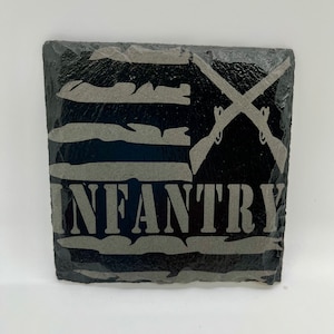 Engraved Infantry Slate Coaster, Army Veteran Gift, 11 Bravo Gift for Soldier, Crossed Rifles, Tattered Flag