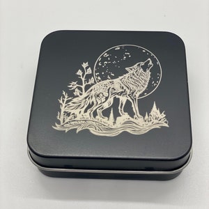 Wolf with Flowers, Engraved Wolf tin, Wolf Lovers, Wolves Custom Engraved Tin