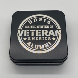 Veteran DD 214 Engraved Metal Tin, Military Tin, Soldiers, Army, Navy, Air Force, Marines, Coast Guard, Dog Tag Holder, Stash Tin