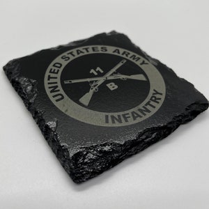 Engraved Infantry Slate Coaster, 11B, 11 Bravo, Army Veteran Gift, Gift for Soldier, Crossed Rifles, Tattered Flag