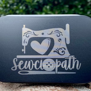 Sewing Tin Box, Sewciopath Metal Tin, Hinged Lid Box, Stash Tin, Small Tin