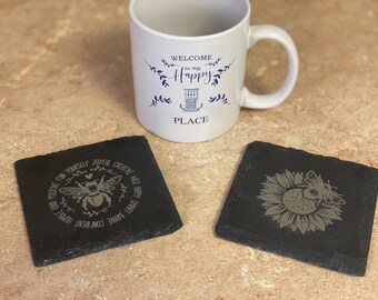 Engraved Bee Slate Coasters, Coaster Set (2) Housewarming Gift