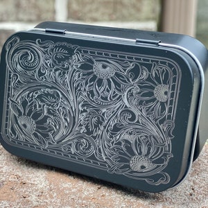 Tooled Leather Engraved Tin, Stash Tin, Travel Tin, Gift Box, Knitting Notion, Stitch Markers, Yarn Snips, Tapestry Needles, Repair Hooks