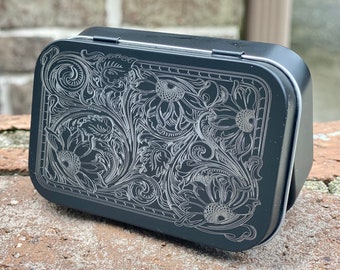 Tooled Leather Engraved Tin, Stash Tin, Travel Tin, Gift Box