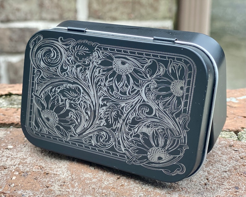Tooled Leather Engraved Tin Stash Tin Travel Tin Gift Box Etsy