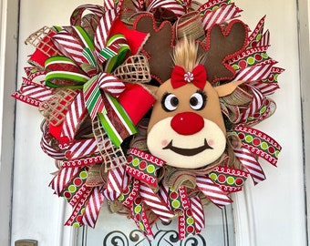 Whimsical Christmas Red Nosed Reindeer Wreath for front door, red nosed reindeer decor front porch, whimsical Christmas Wreath