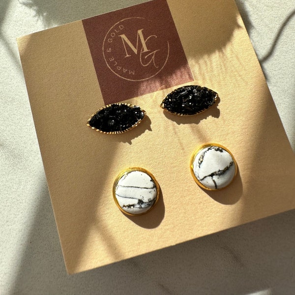 Polymer clay stud earrings | Black and White stud set | Druzy and Marble | Small studs