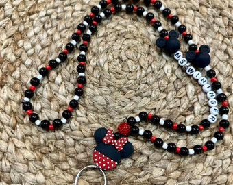 Customizable Teacher Lanyard Mickey Mouse Inspired Ears and Red ID Badge Holder Gift Wooden Name Personalized
