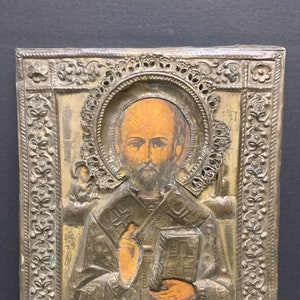 Vintage Russian Art Painted Wooden Icon With Metal Cover Saint Nicholas