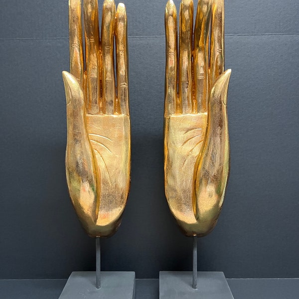 Vintage Very Large Thai Pair of Gold Gilt Carved Wooden Buddha Hands Sculpture with Wood Base