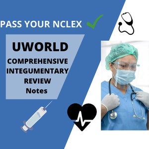 May include: Image promoting NCLEX exam preparation. Text reads "PASS YOUR NCLEX" and "UWORLD COMPREHENSIVE INTEGUMENTARY REVIEW Notes." A medical professional wearing a surgical mask, face shield, and scrubs is shown. Additional graphics include a stethoscope, syringe, and a heart with a pulse line.