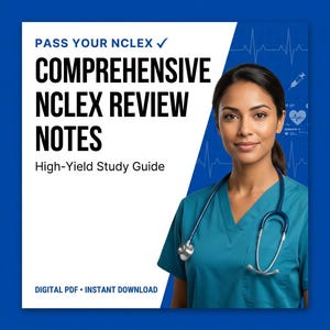 May include: A digital study guide titled PASS YOUR NCLEX COMPREHENSIVE NCLEX REVIEW NOTES High-Yield Study Guide DIGITAL PDF INSTANT DOWNLOAD. The graphic features a person wearing a teal scrub top with a stethoscope around their neck.