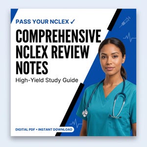 May include: A digital study guide titled PASS YOUR NCLEX COMPREHENSIVE NCLEX REVIEW NOTES High-Yield Study Guide DIGITAL PDF INSTANT DOWNLOAD. The graphic features a person wearing teal scrubs and a stethoscope against a blue and white background.